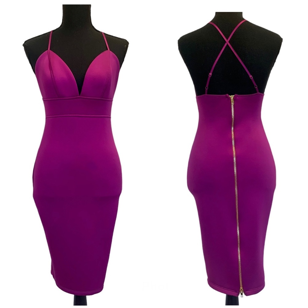 Bright purple deep V sweetheart neckline spaghetti strap bodycon bandage dress M